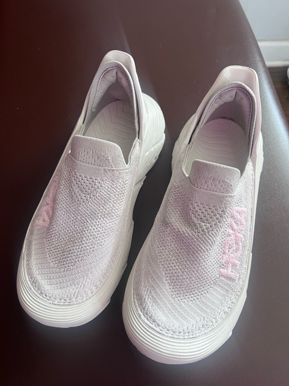 Hoka Slip-On Knit Sneakers in Pale Pink and White